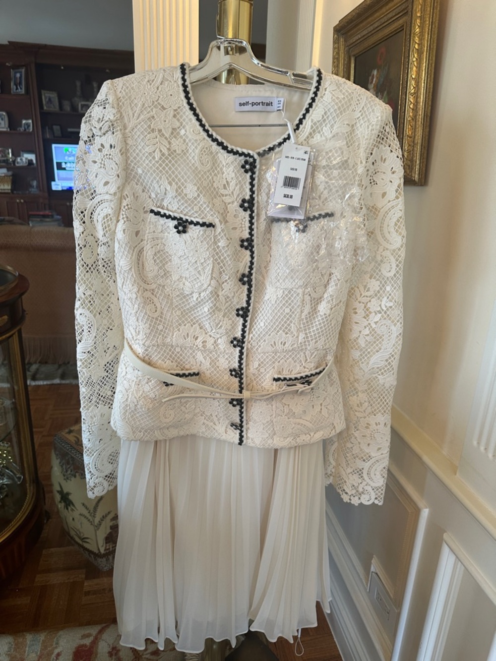 Self-Portrait Ivory Lace Jacket with Black Trim